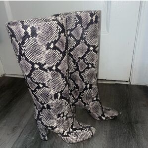 J. Crew Snake Print Knee-High Heeled Boots in Black and Gray